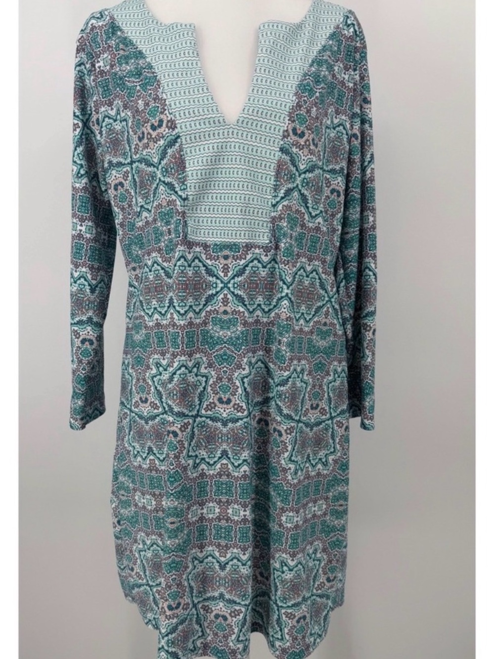 Cabana Life Long Sleeve Teal Patterned V-Neck Tunic Dress Large